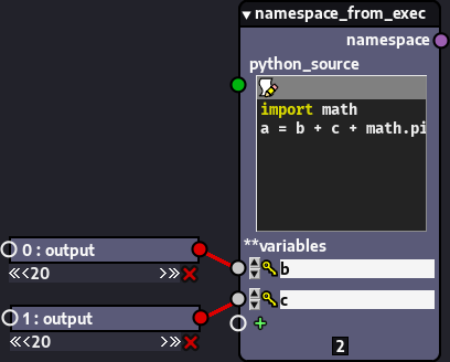 Graph representing usage of namespace_from_exec() node to provide and execute code in the graph.