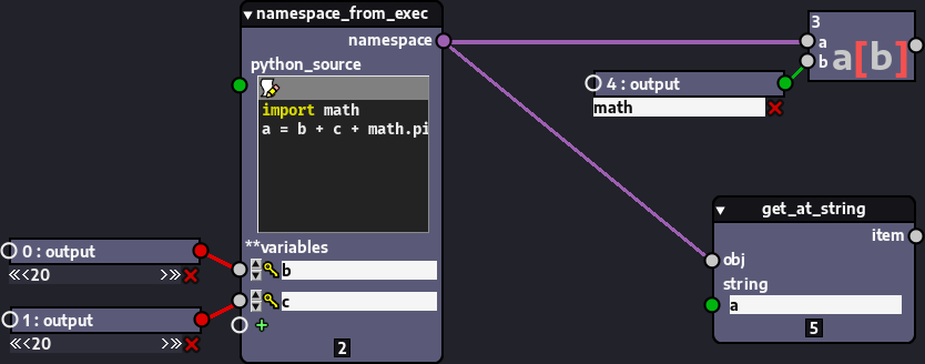 Graph representing values being accessed from the namespace dictionary returned by the namespace_from_exec() node.